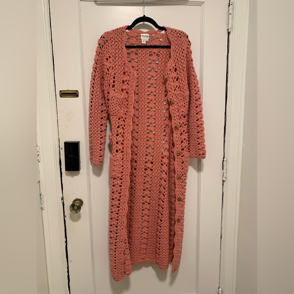 Vintage Long Sleeve Pink Crochet Maxi Dress